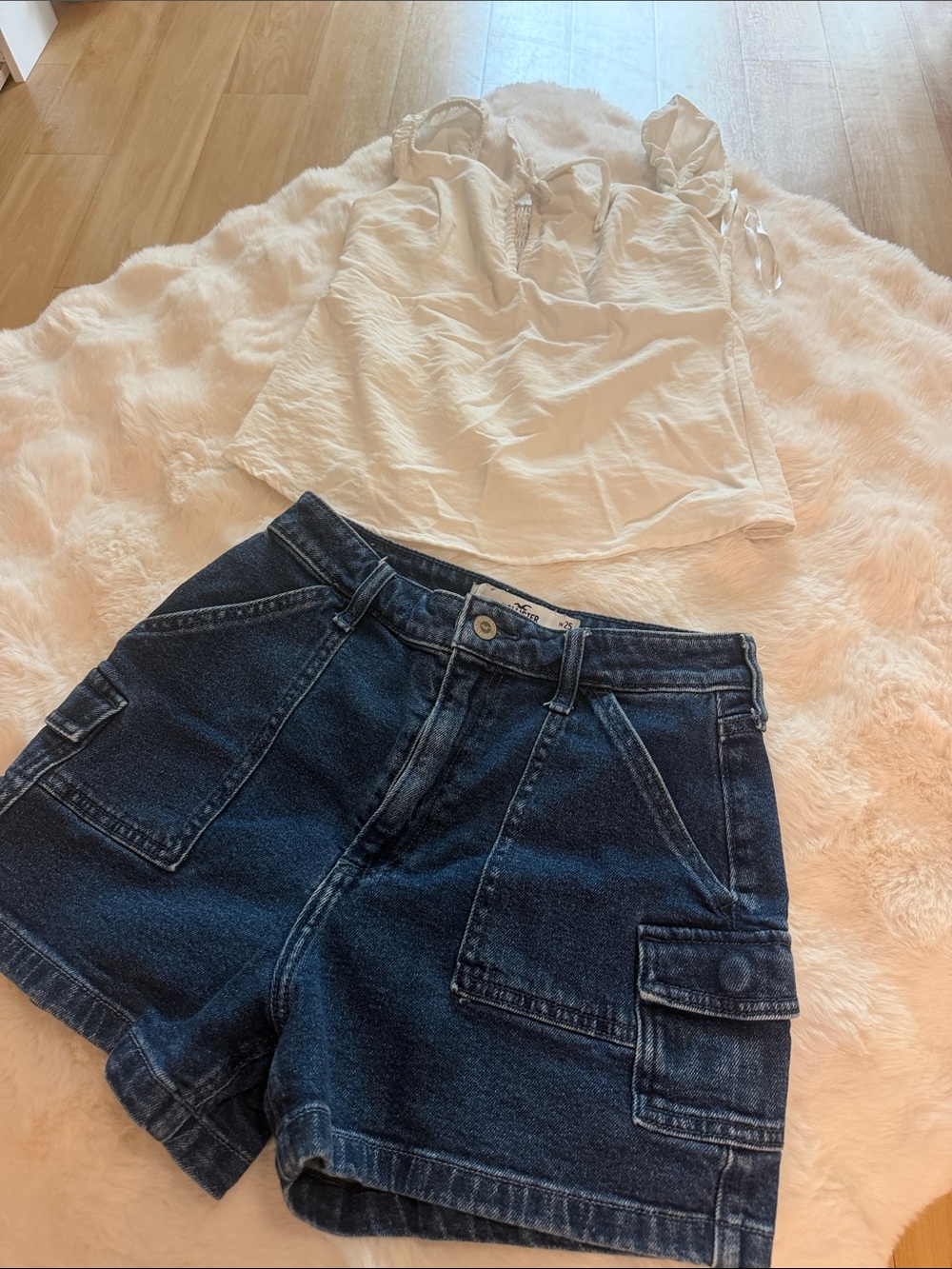 Bundle!!White Satin Camisole & Dark Denim Cargo Shorts Set